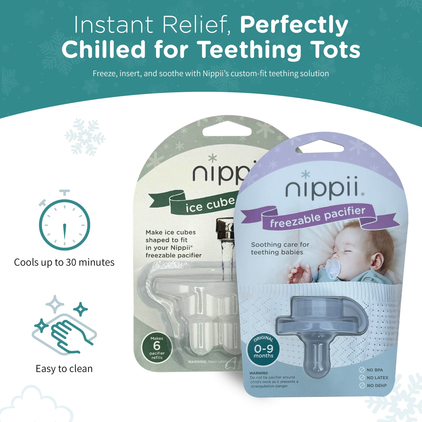 Nippii Original Freezable Teething Pacifier and Ice Cube Tray Bundle