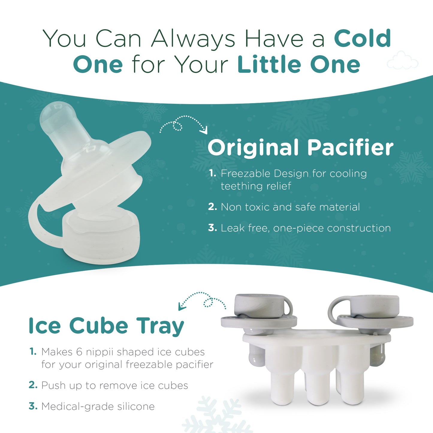 Nippii Original Freezable Teething Pacifier and Ice Cube Tray Bundle